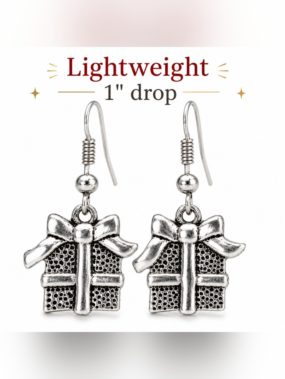 Dainty Silver Tone Gift Box Bow Earrings 1" Drop Holiday Present Dangles (NWT)